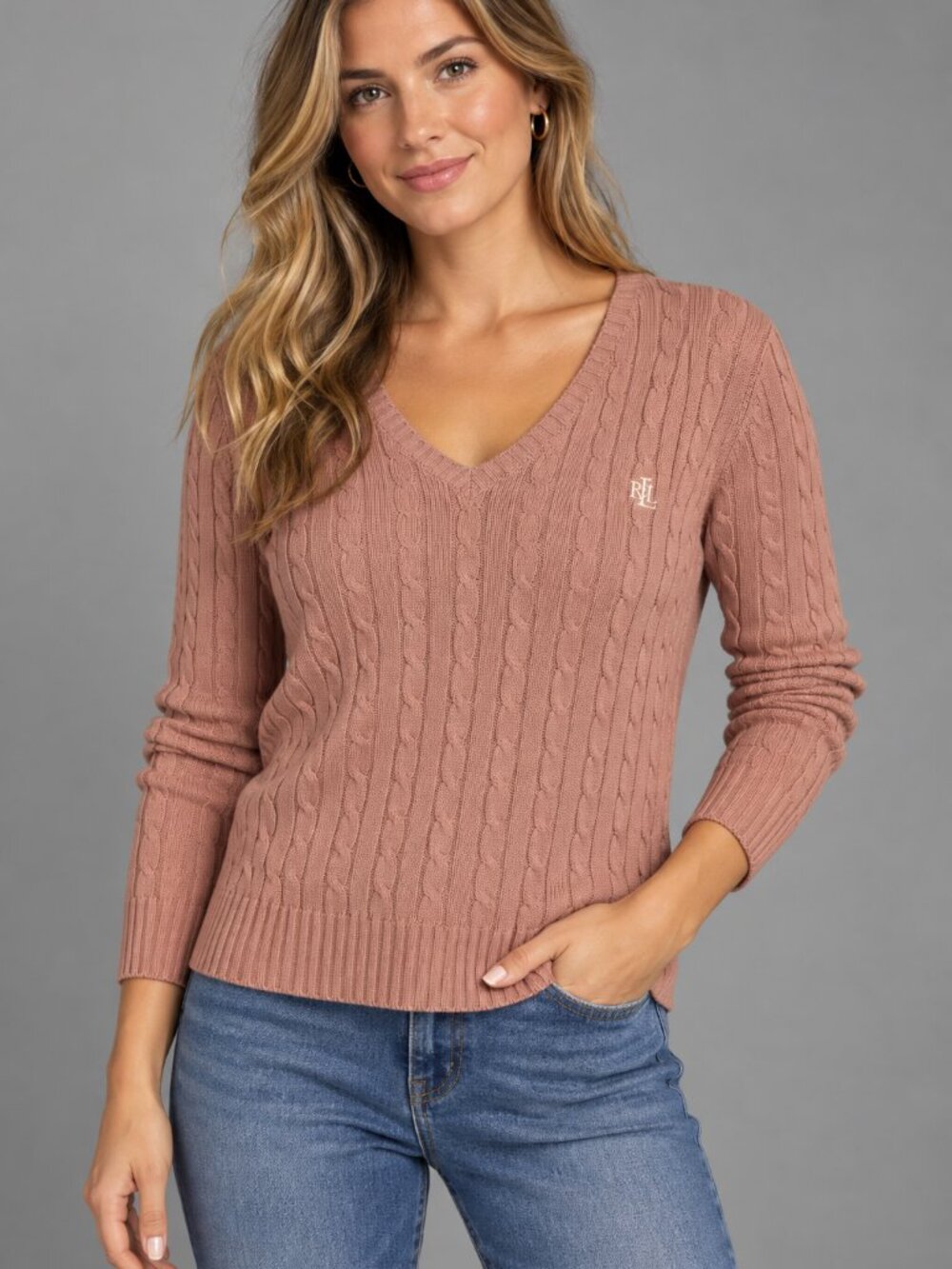 Lauren Ralph Lauren 100% Cotton Cable Knit V-Neck Sweater XL Dusty Rose, Preppy